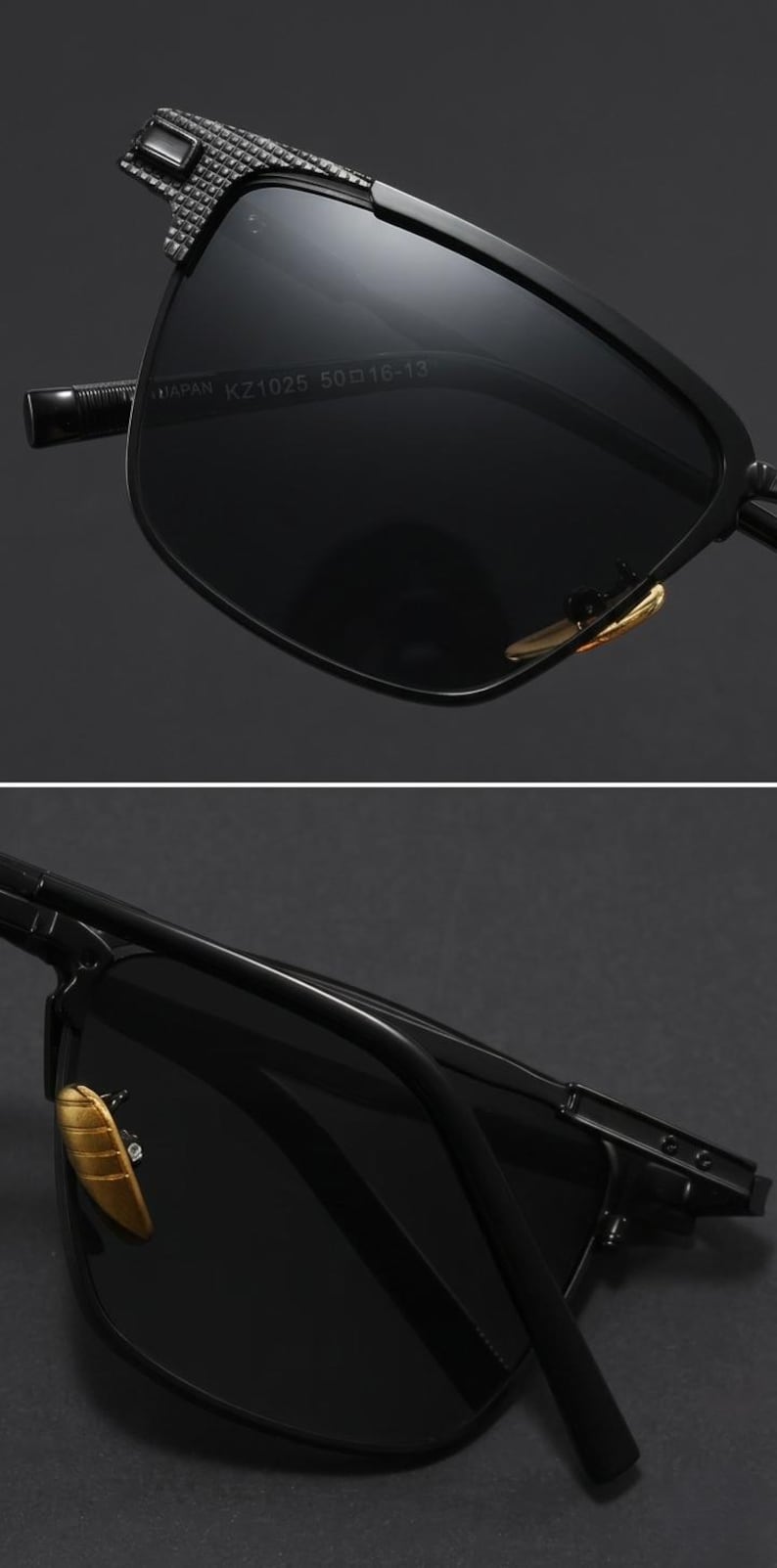 Puede incluir: Gafas de sol negras con un dise&ntilde;o geom&eacute;trico en la parte superior de la montura. Las lentes son oscuras y la montura tiene detalles dorados. Las gafas de sol est&aacute;n etiquetadas como "JAPAN KZ1025 50▢16-13".