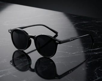 Retro runde Sonnenbrille, transparenter Acetatrahmen, Schildkrötenbügel, graue Gläser -Schwarz
