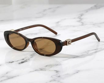 Vintage Oval Sonnenbrille, schmaler Rahmen, Gold Detail, Schildpatt (UV-Schutz)