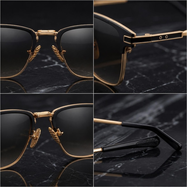 Puede incluir: Primer plano de gafas de sol de lujo con montura negra y detalles dorados. Las gafas de sol tienen un dise&ntilde;o cl&aacute;sico de forma rectangular y lentes oscuras. Los detalles dorados incluyen elementos decorativos.
