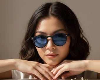 Blaue Linse Runde Sonnenbrille, 90er Retro Acetatrahmen, Boho Brille