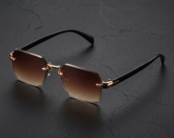 Randlose Rechteckige Sonnenbrille, 90er Jahre Goldrand Farbverlaufsbrille, UV400 Schutz -Tea