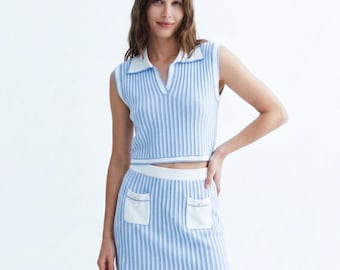 Gestreiftes Strick-Set | Ärmelloses Crop Top & Minirock | Sommerschickes Outfit