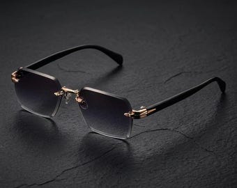 Randlose rechteckige Sonnenbrille, 90er Jahre goldfarbene Farbverlaufsbrille, UV400-Schutz - grauer Farbverlauf