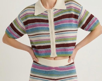 Gehäkeltes Polo Top und Shorts Set, Retro Boho Sommer Resortwear, Gestreifter Strick Zweiteiler