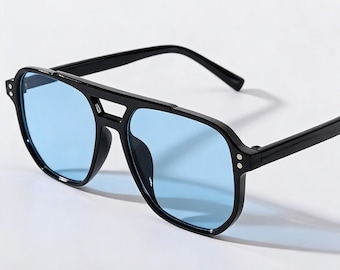 Oversized Vintage Pilot Sunglasses – Double Bridge Flat Top Shades (UV400)