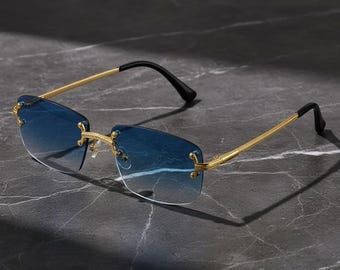 Randlose Sonnenbrille mit Verlauf, Luxus-Goldrahmen, Y2K Fashion Eyewear- BLAU