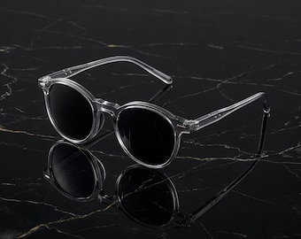 Retro Round Sunglasses, Transparent Acetate Frame, Tortoise Temples, Grey Lenses