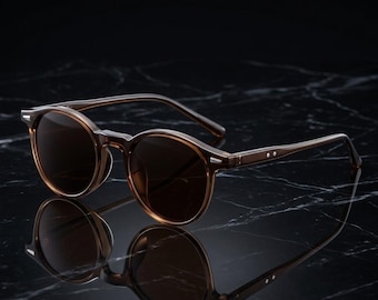 Retro runde Sonnenbrille, transparenter Acetatrahmen, Schildkrötenbügel, graue Gläser -braun