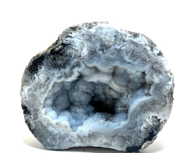 LARGE DRUZZY BLUE Quartz-geode—mirror-polished Half W/ Milky White ...