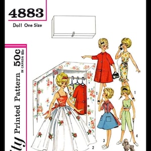 May include: A Simplicity sewing pattern for a doll, featuring five different outfits. The pattern number is 4883 and the pattern is for one size. The outfits include a red coat, a floral dress, a blue and white gingham dress, a green and white striped top and pants, and a white dress with a red bow.