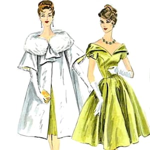May include: Two women wearing vintage dresses. The woman on the left is wearing a white dress with a fur collar and a white cape. The woman on the right is wearing a yellow dress with a sweetheart neckline.