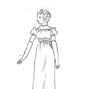 May include: A black and white line drawing of a woman wearing a dress with a high waist and puffed sleeves. The drawing is titled "Etta 1801".