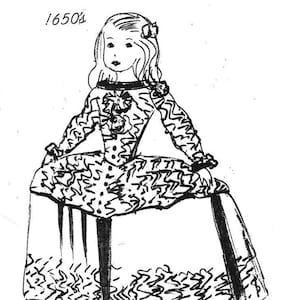 May include: Black and white line drawing of a girl wearing a dress with a ruffled collar and a flower in her hair. The drawing is labeled "!650's".