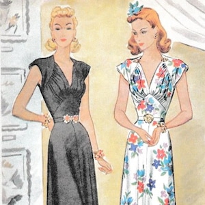 May include: Two women wearing long dresses. The woman on the left is wearing a black dress with a V-neck and cap sleeves. The woman on the right is wearing a white dress with a floral print and a V-neck.