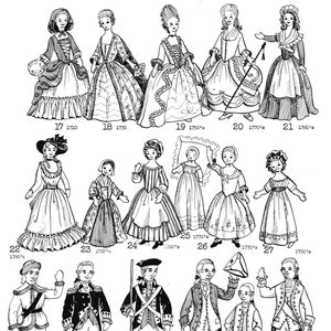 Peut inclure: Dessins au trait en noir et blanc de personnages historiques dans différents styles vestimentaires des années 1700. Les personnages sont tous debout et font face à l'avant. Les dessins sont numérotés de 17 à 33.