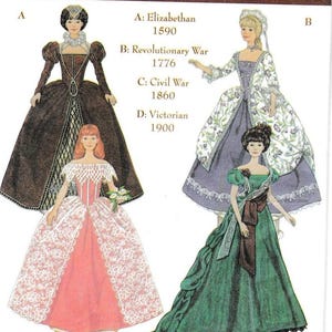 May include: Simplicity Museum Collection sewing pattern featuring four historical dress designs: Elizabethan, Revolutionary War, Civil War, and Victorian. The pattern includes illustrations of each dress, showcasing their unique styles and details.