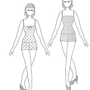 May include: Line drawing of two figures in lingerie. One figure wears a floral print top and shorts, the other a solid top and shorts. Both figures are wearing high heels and have their arms outstretched.