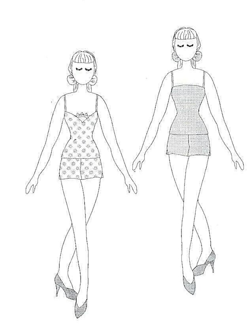 May include: Line drawing of two figures in lingerie. One figure wears a floral print top and shorts, the other a solid top and shorts. Both figures are wearing high heels and have their arms outstretched.