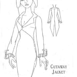May include: Line drawing of a cutaway jacket design for 17 to 19 inch dolls, including Evangeline Ghastly dolls. The jacket features long sleeves with ruffled cuffs and a single-button closure. The text "Cutaway Jacket" is below the illustration.