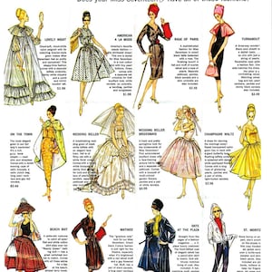 Puede incluir: Una ilustración vintage de un catálogo de moda para las muñecas Miss Seventeen. El catálogo presenta una variedad de atuendos para diferentes ocasiones, incluyendo un vestido de novia, un atuendo de playa, un atuendo de esquí y un vestido de gala. Cada atuendo está ilustrado con una muñeca que lleva el atuendo y una descripción del atuendo.