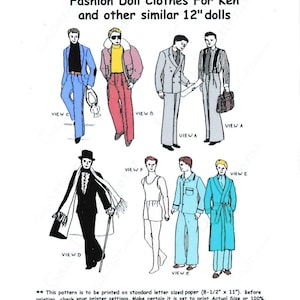 May include: A sewing pattern sheet titled 0913 Fashion Doll Clothes For Ken and other similar 12" dolls. It features illustrations of various outfits labelled View A through F, including suits, pyjamas, a robe, and a tuxedo with a cape and cane.