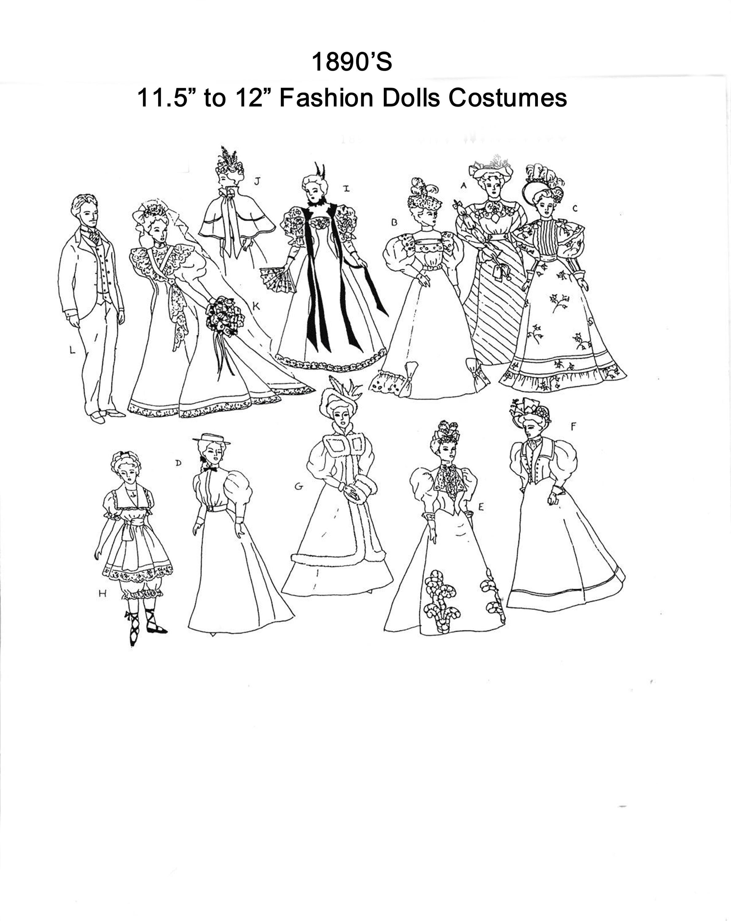 Vintage 1890's Patterns Fits 11.5 to 12 inch Fashion Dolls PDF