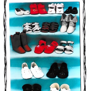 May include: A collection of doll shoes displayed on a blue shelf. The shoes are in various styles, including sandals, boots, sneakers, and Mary Janes. The shoes are made of different materials, such as leather, fabric, and plastic. The shoes are in a variety of colors, including red, white, black, and brown. The title "Cobbler's Bench Volume 2" is displayed at the top of the image.