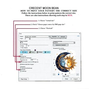 May include: A computer screen displays instructions for printing a pattern, with the text "CRECENT MOON BEAN" at the top. The instructions include choosing the actual size, checking the paper source, and selecting portrait orientation. A decorative image of the sun and moon is visible.
