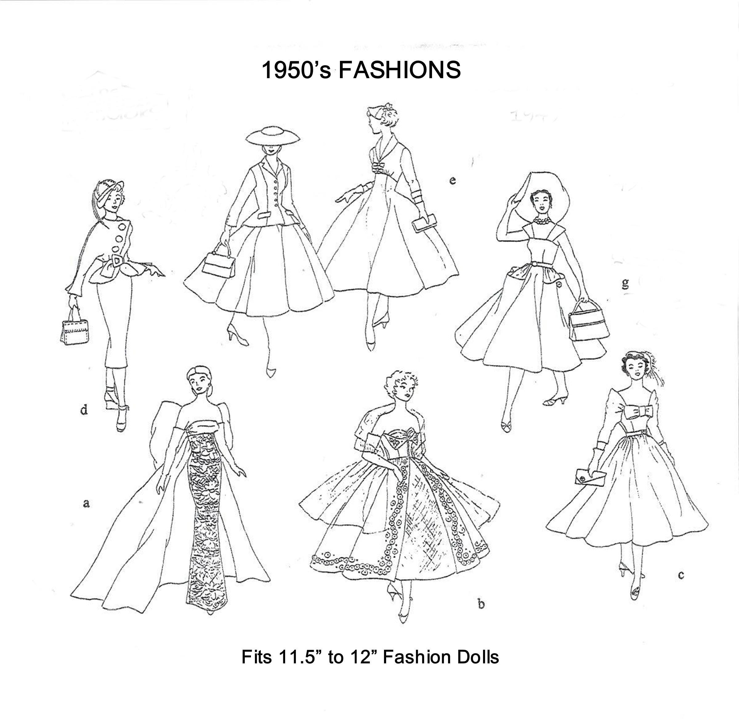 Vintage 1950's Fashions Patterns Fits 11.5 Fashion Dolls PDF