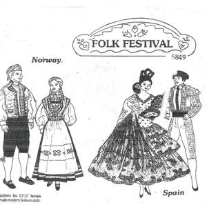 May include: A black and white sewing pattern illustration titled Folk Festival 5849. It depicts four figures in traditional clothing from Norway and Spain. The text states the pattern fits 11.5-inch female and 12-inch male modern fashion dolls.