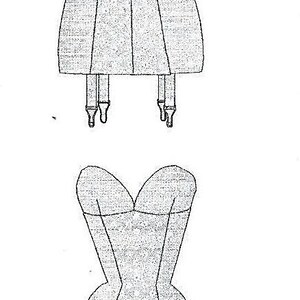 May include: Two illustrations of a vintage corset with a sweetheart neckline and suspender attachments. The corsets are light gray with black outlines, and the suspenders have metal clasps. The design is a classic lingerie style.