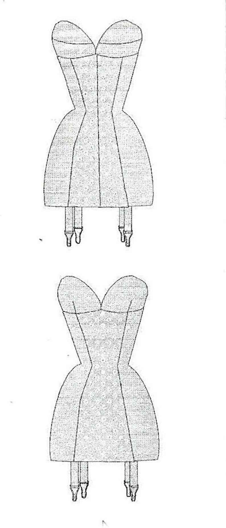 May include: Two illustrations of a vintage corset with a sweetheart neckline and suspender attachments. The corsets are light gray with black outlines, and the suspenders have metal clasps. The design is a classic lingerie style.