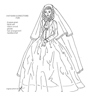 May include: A black and white line drawing of a doll wearing a widow's weeds outfit. The outfit includes a long gown, a hat, a veil, gloves, and a handkerchief. The doll is wearing a ribbon snood around her neck. The drawing is titled "Widow's Weeds" and is sized for an 11.5 inch fashion doll such as "Barbie".