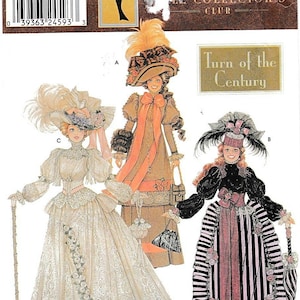 May include: Simplicity Collector's Club sewing pattern. The image shows three women's dresses from the Turn of the Century, in cream, brown, black, and pink. The dresses have detailed designs.