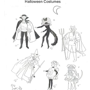 Puede incluir: Dibujo en blanco y negro de disfraces de Halloween para niños. Los disfraces incluyen una bruja, una calabaza, un gato, un diablo, un vampiro y un ratón. El dibujo incluye medidas en pulgadas.