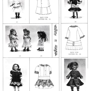 Może przedstawiać: Kolekcja vintage wzorów sukienek dla lalek. Wzory są dla różnych stylów sukienek, w tym sukienki z falbanką, sukienki z kołnierzykiem typu Peter Pan i sukienki z koronkową lamówką. Wzory są ponumerowane 21, 25 i 26.