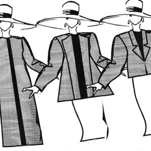 Może przedstawiać: Rysunek liniowy trzech postaci w stylowych strojach. Każda postać nosi kapelusz z szerokim rondem oraz kurtkę lub płaszcz z długim rękawem. Stroje obejmują długi płaszcz z centralnym paskiem, kurtkę z centralnym paskiem i marynarkę.