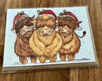 Festive Highland cow Trio- Huw, Herbert & Hank Christmas card design.