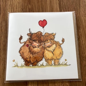 Pareja de vacas de las Highlands, diseño de tarjeta de Maurice y Maud.