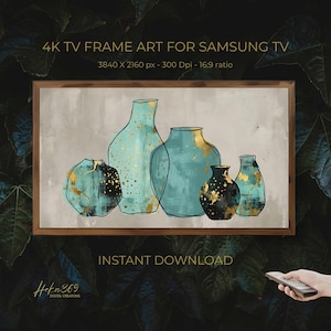 May include: Digital art print for Samsung TV featuring five abstract vases in shades of teal and black with gold accents. The artwork is framed in a wooden border and includes the text "4K TV FRAME ART FOR SAMSUNG TV" and "INSTANT DOWNLOAD".