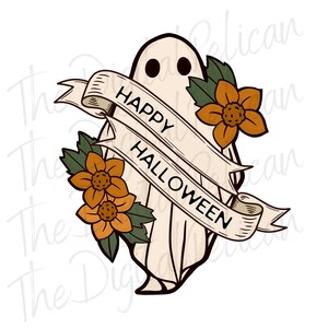 Happy Halloween Ghost with Flowers, Digital Download, Shirt design PNG