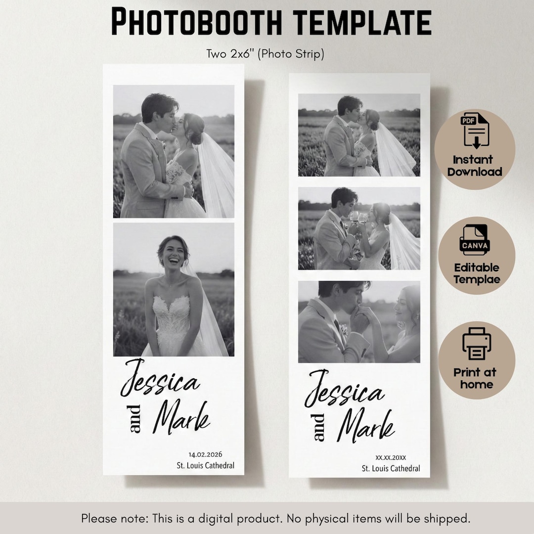 Minimalist Wedding Photo Booth Template | Black & White 2x6 Photo Strip ...