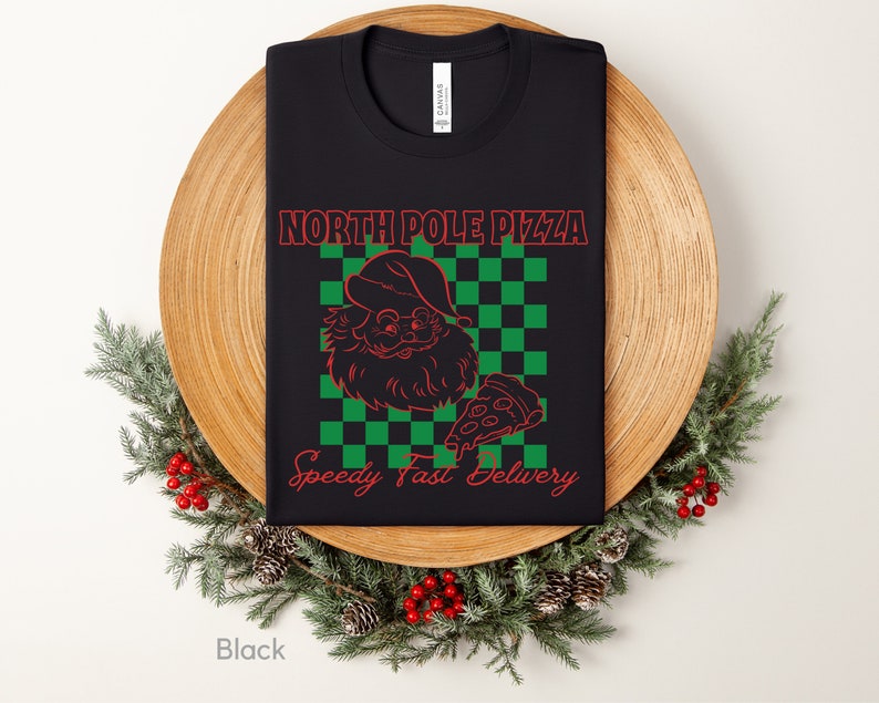 North Pole Pizza Shirt, Santa Christmas Shirt, Pizza Lovers Gift, Restaurant Group Gift, Retro Christmas Shirt, Funny Cute Christmas Shirt Black