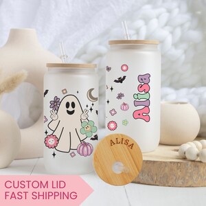 Personalized Halloween Ghost Glass Tumbler, Cute Ghost Coffee Cup, Cute Fall Tumbler, Spooky Season Iced Coffee Glass, Gift For Halloween