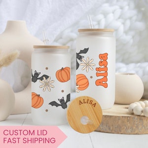 Personalized Halloween Ghost Glass Tumbler, Cute Ghost Coffee Cup, Cute Fall Tumbler, Spooky Season Iced Coffee Glass, Gift For Halloween