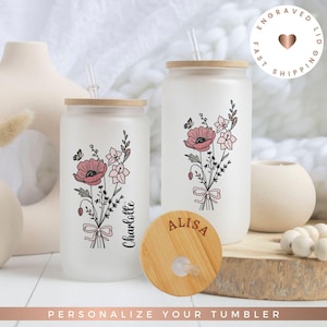 Personalized Iced Coffee Cup Floral Retro, Custom Can Glass with Lid and Straw, Bridesmaid Gift, Bachelorette Glass Cup, Bridesmaid Proposal