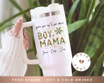 Boy Mom Tumbler With Handle Custom Kid Names Gift for Mom on Mother's Day 40oz Travel Mug Personalized Mom Gift for Christmas or Mothers Day