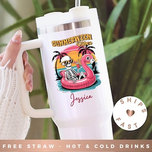 Summerween Vibes Personalized Tumbler, Custom Summerween Tumbler with Handle Halloween Gifts Spooky Travel Mug Summerween Cup
