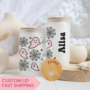 Personalized Halloween Ghost Glass Tumbler, Cute Ghost Coffee Cup, Cute Fall Tumbler, Spooky Season Iced Coffee Glass, Gift For Halloween